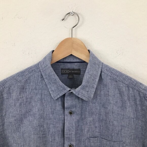 Ike Behar Short Sleeve Linen/Cotton Button Down Blue Shirt | size L - Picture 4 of 11